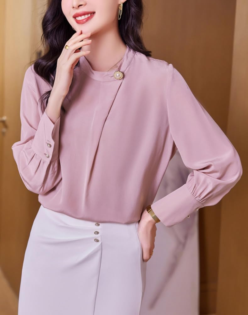DISSA Blusa de seda para mujer, cuello alto, blusa de manga larga, camisa de seda, camiseta monocolor, S9611