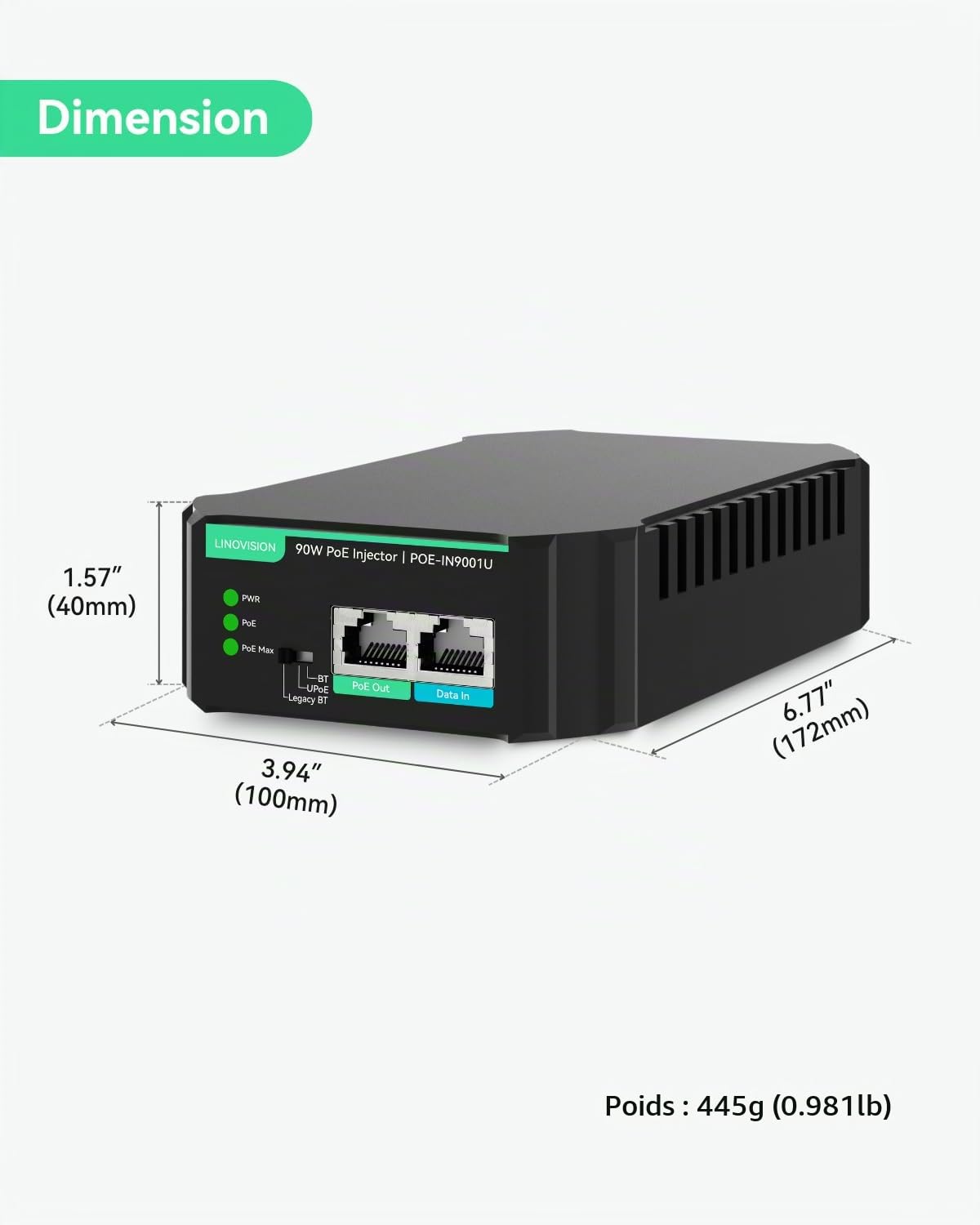 LINOVISION Injecteur PoE Gigabit 90W 802.3bt, Compatible avec Les dispositifs PD Standard et Non Standard, Injecteur PoE++ pour caméra PTZ à Haute consommation, téléphone VoIP