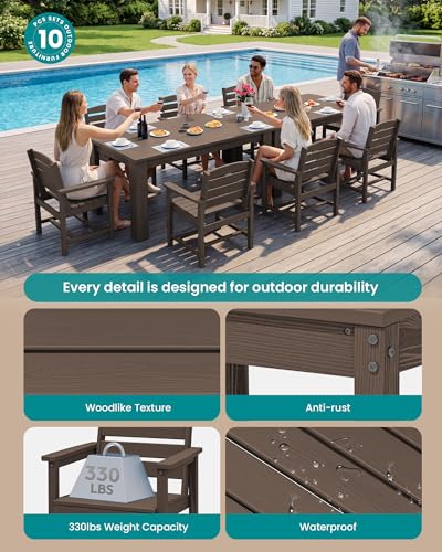 Image of SERWALL HDPE Patio Dining Set for 8, w / 2 Tables & 8 Armchairs, Coffee | All Weather Resistant HDPE Dining Sets for Patio, Garden, Backyard