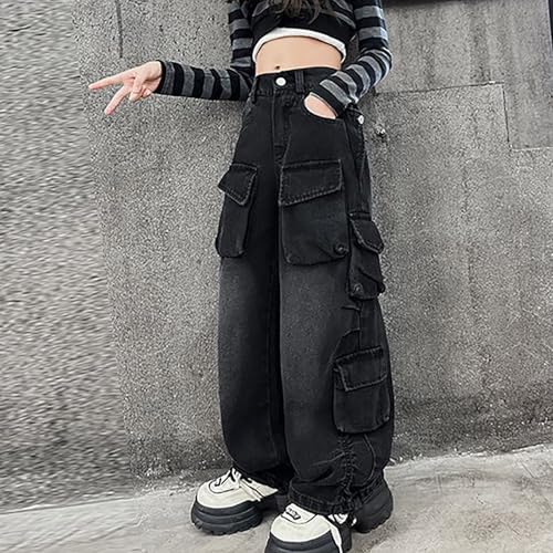Girls Streetwear Denim Cargo Pants Elastic Waist Floor Length Baggy Wide Leg Jeans Washed Vintage Trousers Multi Pockets3