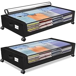Cajones Bajo Cama Con Ruedas NEEMOSI Caja Bajo Cama, Caja de Almacenamiento Debajo de la Cama Con Ruedas Giratorias de 360°, Bolsa de Almacenamiento Para Edredones Con Ventana Transparente y Marco de Metal (2)