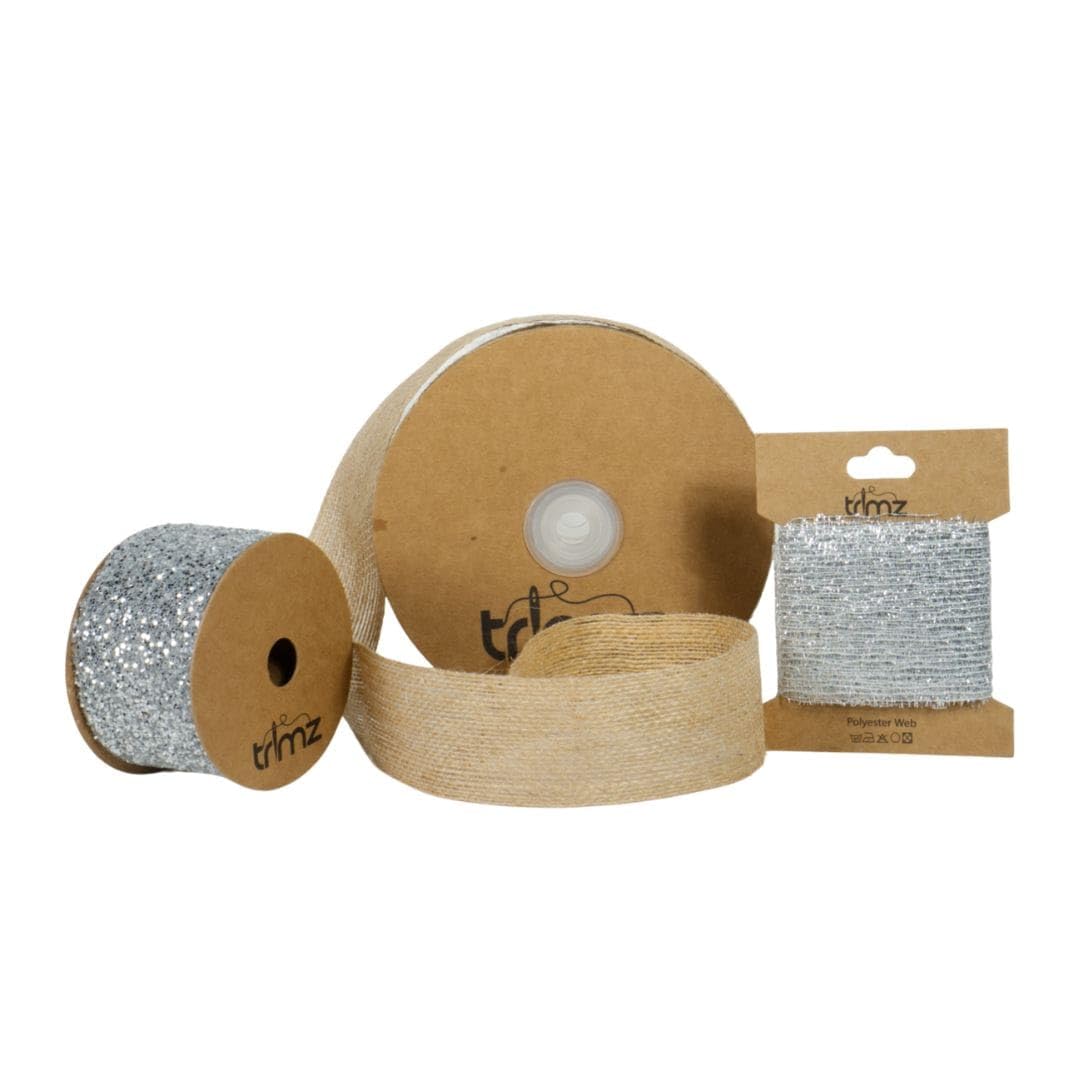 Rustic Silver Charm Ribbon & Webbing Craft Bundle – Hessian Tape, Silver Webbing (3m), and Silver Glitter Organza Ribbon (5m) for Rustic Wedding Décor, Gift Wrapping, and Crafts