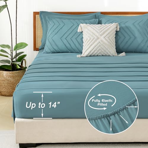 Image of Litanika Grayish Teal Full Size Comforter Set with Sheets - 7 Pieces Bed in a Bag Full Boho Tufted Complete Bedding Sets with Comforter, Sheets, Pillowcases & Shams