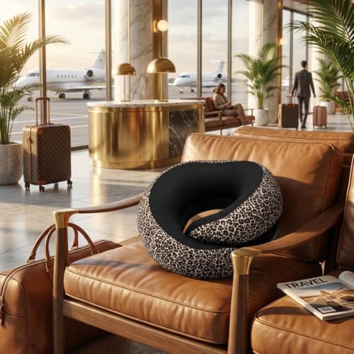 Image of FlyHugz Neck Travel Pillow Memory Foam Neck Pillow for Comfort on Airplane Compact and Ergonomic Design for Travel, Car Rides, and Home Use Ideal for Adults and Kids. (Leopard Print)