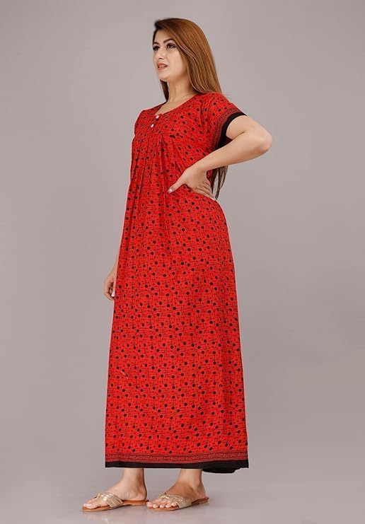 Image of NILOUFO Women's Cotton Printed Maxi Nighty - Pack of 2 | Soft Ankle-Length Sleepwear Gowns for Women | Free Size Night Dresses (Musterd,Red, Free Size)