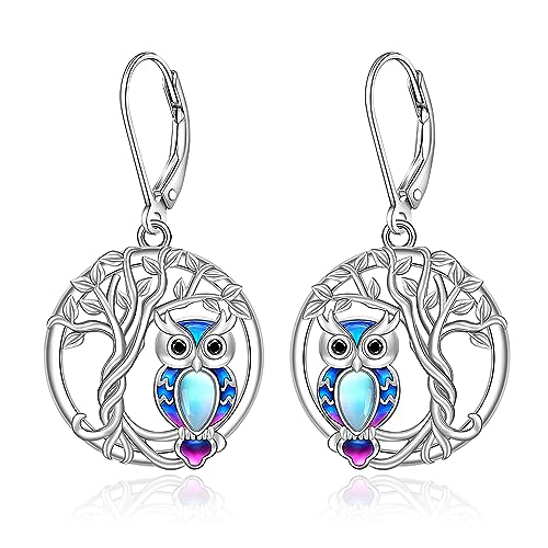 Tree of Life Owl Earrings for Women Sterling Silver Owl Dangle Earrings Moonstone Family Tree Jewelry Leverback Graduation Gifts