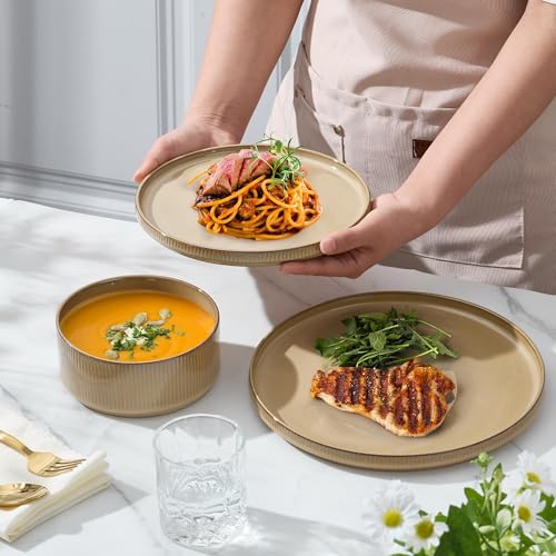 Image of E-far 24-Piece Stoneware Dinnerware Sets, Plates and Bowls Sets for 8, Kitchen Modern Dinning Porcelain Dishes Set, Chip & Scratch Resistant, Dishwasher & Microwave Safe, Caramel Khaki