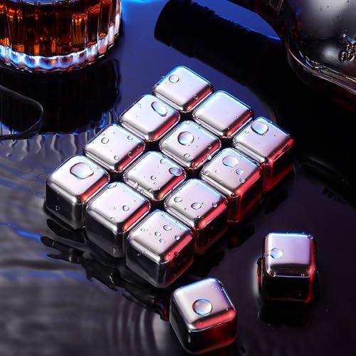 6 Stück Edelstahl Eiswürfel Wiederverwendbar, Whisky Steine, Wiederverwendbare Eiswürfel mit Zange, Bar Zubehör für Whiskey, Wodka, Rum und Tequil, Silber (1)