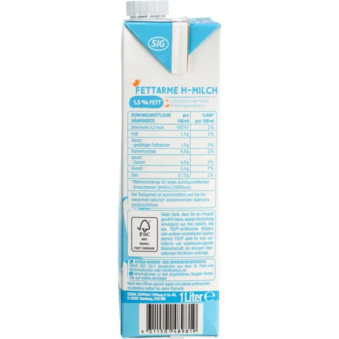 Milch Gut&Günstig fettarme H-Milch 1,5% Fett Haltbare Milch, je 1 Liter, 60 Stück mit Pufai Grocery