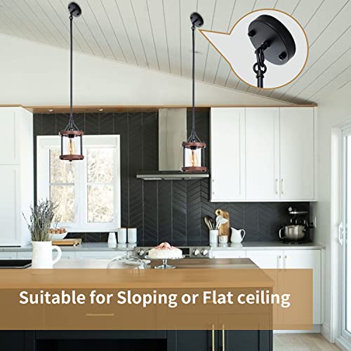 Ejerlya Farmhouse Pendant Light In Wood And Metal Cage, Rustic Brown Wood Pendant Light With Glass, Adjustable Hanging Light Fixtures thumb #2