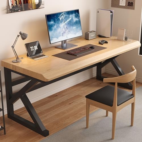 GSSBDM ゲーミングデスク パソコンデスク 純粋な無垢材製 厚さ5cm 幅100/120/140cm×奥行60cmラック付き 配線穴付 モニターアーム対応 デスク 机 pcデスク なめらかな表面 角が丸い 傷・汚れ・水分・熱に強い天板 傷がつきにくい