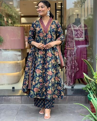 Image of GoSriKi Women's Rayon Viscose Anarkali Printed Kurta with Palazzo & Dupatta