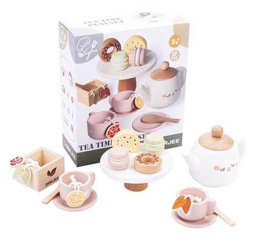 Dorjee - D3.021 - Wooden Tea Set with Pastry for Children: 17 pieces including teapot, cups, spoons, and sweets - for ages 3 and up - wooden toys - pretend play