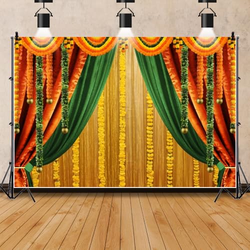 Image of Indian Traditional Backdrop Decorations for Puja Hindu Festival Green Ganpati Pooja Backdrop for Wedding Party Decorations Bridal Shower Backgrounds Photo Studio Supplies Vinyl 20x10ft