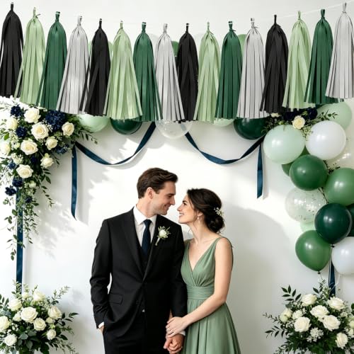 Image of Black Sage Green Tassel Garland for Wedding, Birthday Decorations, 20pcs