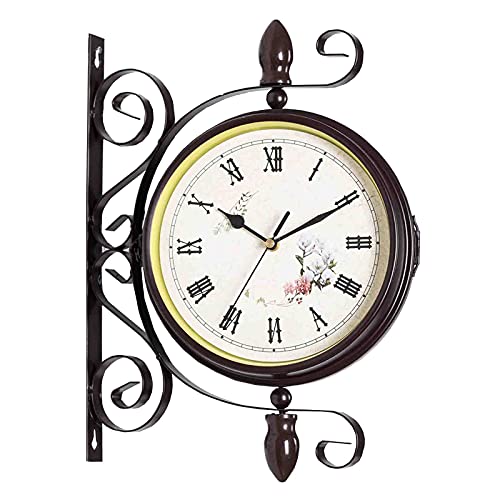 CKKNILV Double Sided Wall Clock, Wall Clock Double Sided Indoor & Outdoor Garden Train Station Clock Vintage Antique Look Wall Mounted Black