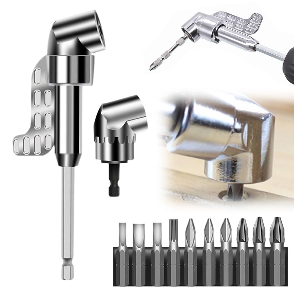 12 Pièces Renvoi D'Angle Visseuse Kit, 105 Degree Right Angle Drill Adapter, Corner Tool Screw Hub with Multi-function Bend Screwdriver Bit, 1/4" Hex Shank Driver Angle Drill Attachment