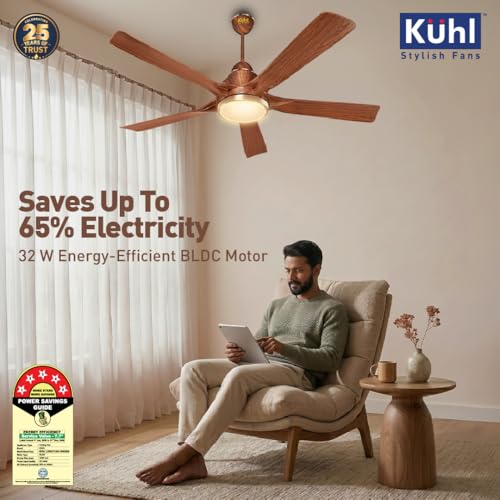 Image of KUHL Luxus Plus 1400mm Stylish 65% Power Saving BLDC Ceiling Fan With Remote |Down Light|BEE 5 Rated & ISI Marked|Low Noise| IoT -Operate via Mobile & Alexa |Reverse Mode |Free Installation |Teak