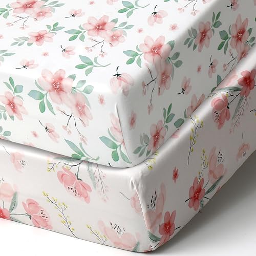 Image of Pack n Play Stretchy Fitted Playard Sheet Set BROLEX 2 Pack Portable Mini Crib Sheets,Convertible Playard Mattress Cover,Ultra Soft Material,Pink Blossom