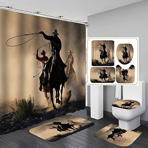 Camille&Andrew 4PCS/Set Western Cowboy Shower Curtain, Country Cowboy Riding Horse in Wild West Bathroom Decor, Waterproof Fabric Bath Curtain, Non-slip Bathroom Mat Bath Rug Soft Toilet Carpet, Rodeo Cover