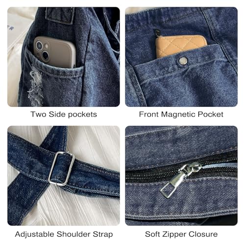 Image of Denim Shoulder Bag for Women,Canvas Tote Messenger Bag with Zipper,Large Casual Crossbody Hobo Handbag Denim Purse