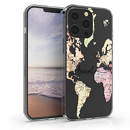 kwmobile Carcasa Compatible con Apple iPhone 13 Pro - Funda Silicona TPU Mapa Mundial Negro/Multicolor/Transparente