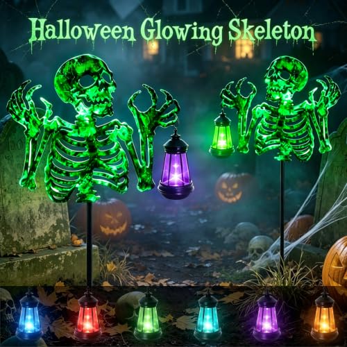 Image of VOOKRY Halloween Skeleton Lantern Decor, Glow in The Dark Iron Skull | With Fluorescent Luminous Body & Mini Hand Lantern, Outdoor Yard Lawn Patio Spooky Decorations, Halloween Party Props Gifts