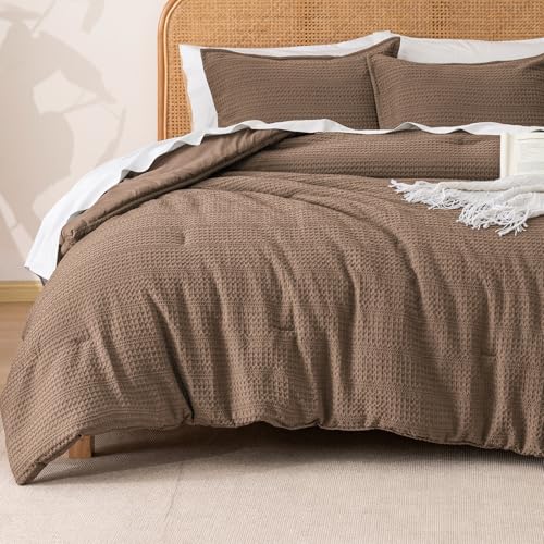 Image of PHF Soft Waffle Comforter Set Twin Size- Comfy Breathable Waffle Weave Comforter with 1 Pillow Shams, 2 Pieces Less Snagging Lightweight Textured Bedding Set for All Season, Cocoa Brown
