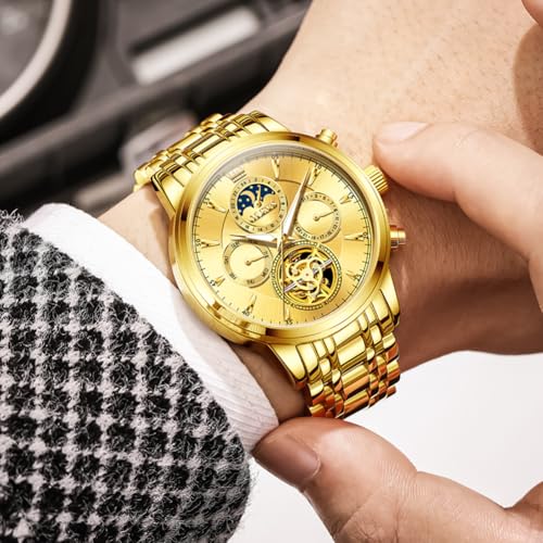 Image of OLEVS Men Automatic Skeleton Watch - Luxury Stainless Steel Calendar Moon Phase Mechanical Dress Wrist Watch with Luminous, Waterproof Self-Wind (Gold /Silver /Blue /Black)