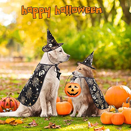 Halloween Dog Costume Wizard Cape With Hat Set 2 Pack Pet Witch Cloak Caps Funny Clothes Puppy Adjustable Apparel Outfit For Small Medium Dogs Cats Cool Cosplay Costumes Party Decoration #TOP4