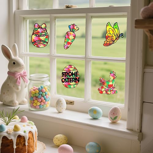 DONGSZQ Basteln Kinder Ostern, 12 Stück Fensterbilder Ostern Bastelsets für Kinder, Basteln Frühling Ostern Kinder, mit Blumen, Vögel, Schmetterlinge, Kreative DIY Osterdeko Ostern Geschenke Kinder