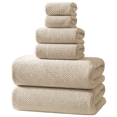 Image of REDKISS Towel Set of 6- Extra Large Microfibre Bathroom Towel Set, 2 Bath Towels, 2 Hand Towels, 2 Washcloths, Super Soft, Absorbent and Quick Dry Towels for Bathroom, Gym, Spa & Hotel - Camel