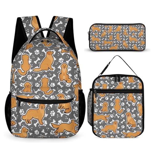 Golden Retriever Backpack with Lunch Box & Pencil Case, 16 Inch Cute Dog Themed Bookbag, Adjustable Lightweight Large Capacity, Colorful Daily Casual Backpacks Set with Lunch Bag