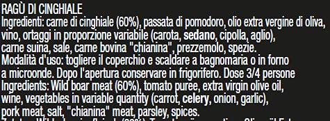 Spezialität aus der Toskana ragu di cinghiale Tomatensoße mit 60% Wildschwein und Chianina Rindfleisch