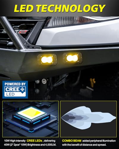 Image of Amber Flush Mount LED Pods, AKD Part CREE LED Flush Bumper Lights 40W Spot Flood Combo Offroad Driving Light Amber LED Fog Chase Lights Pods for Trucks Pickup SUV UTV ATV