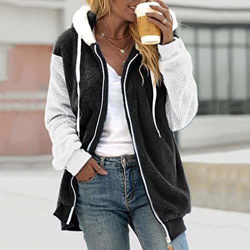 Fuzzy Fleece Jackets for Women Plus Size Hoodies Fall Winter Coats Color Block Patchwork Cardigan Coat with Pockets