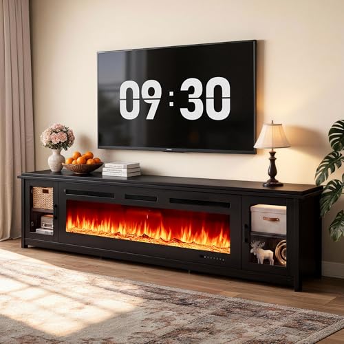 OneBlis 80 Fireplace TV Stand Modern Entertainment Center with 50 Electric Fireplace for TVs Up to 90 TV Console for Living Room All Black