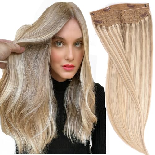 DIYOMO Halo Hair Extensions - Light Blonde Highlighted Bleach Blonde Halo Hair Extensions Real Human Hair Headband Adjustable Size Removable Secure,Halo Extensions Real Human Hair(P1622 14 I