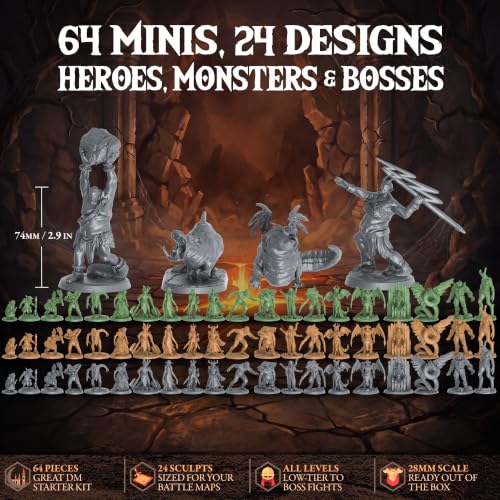 Image of D&D Miniatures Bulk Set, 64 Unpainted 28mm Monsters with 4 Huge Boss Minis | Color coded PVC creatures for tracking enemy groups, digital 5e stat blocks included, works with Pathfinder campaigns