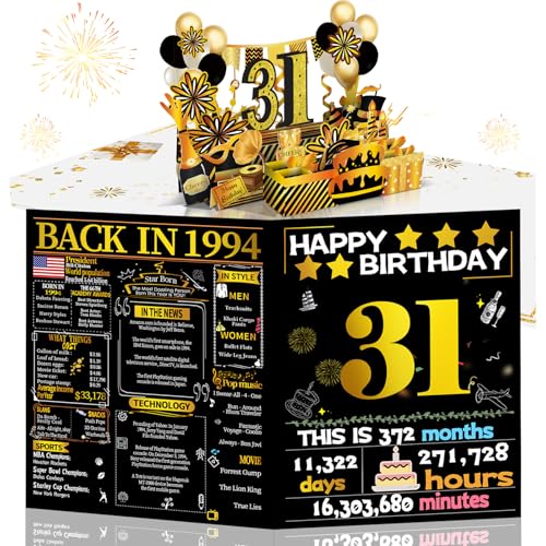 31st Birthday Card for Women Men, 3D Pop Up Happy Birthday Gift for Her Him, Funny 31 year old Birthday Decorations for Daughter Son, Back in 1994 Laser Gold Retro Theme
