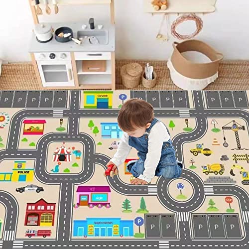 Kids Rug Play Mat for Toy Cars,City Life Road Traffic Educational Carpet,Have Fun Throw Rug,Non-Slip Nursery Rug for Boy and Girl Bedroom 80×120cm/31×47in