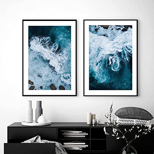 Póster de paisaje marino azul con diseño de olas del mar, lienzo impreso, paisaje natural, imagen de arte nórdico para pared para sala de estar, decoración del hogar (20 x 30 cm) x 2 sin marco