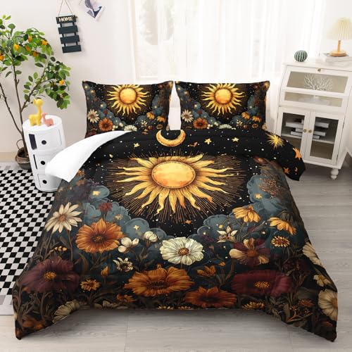Image of AILONEN Sun and Moon Bedding Set for Teens Girls Bedroom Decor,Bohemian Style Starry Sky Comforter Set Queen Size,Natural Plants Duvet Set,1 Quilt and 2 Pillowcases,3Pcs