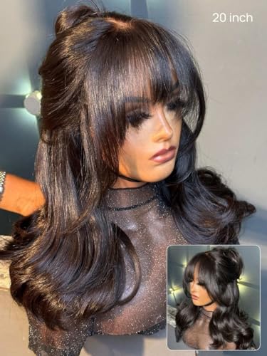 Image of Beauty Forever Bye Bye Knots Glueless Fluffy Body Wave Curtain Bangs Wig Pre Plucked Pre Cut 7x5 Lace Front Human Hair Loose Wave Pre Bleached Pre Everything 3S Ready to Wear Wig 180% Density 18inch