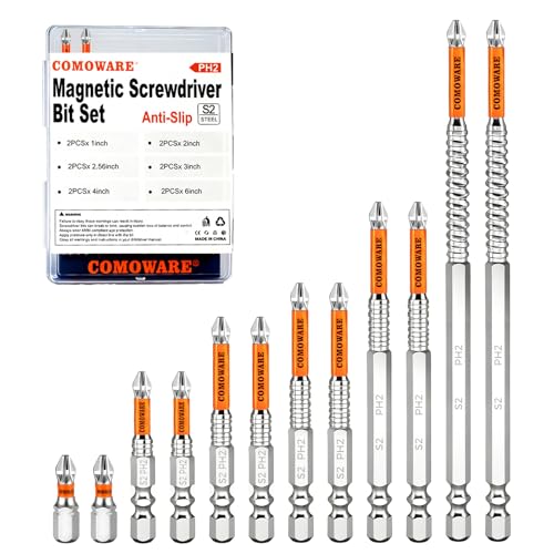 Image of COMOWARE High Magnetic Screwdriver Drill Bit Set, 12PCS, #2 Anti-Slip Long Phillips Bits, S2 Steel, Chrome Plated for Rust Resistance, 1-6 inch Magnetic Impact Bits for Power Drill