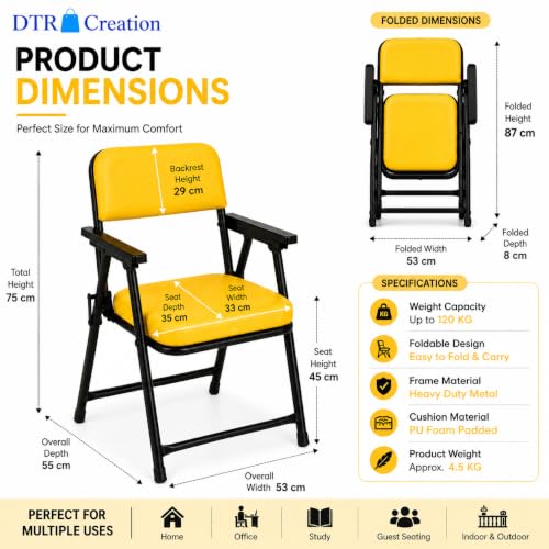 Image of Foldable Cushioned Chair with Armrests | Heavy Duty Metal Frame | Soft Padded Seat & Backrest | Space Saving Folding Chair for Home, Office, Study & Guest Seating | Yellow