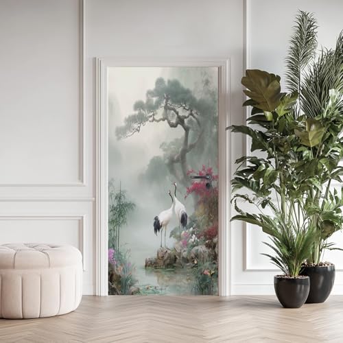 Oiseau Chinois Oriental Poster de Porte 3D Trompe L'oeil, Brouillard Lac Forêt Auto-Adhésif Sticker Porte pour Chambre Cuisine, Zen Asiatique Stickers...