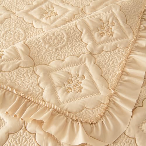 Image of BOV Beige King Ruffle Comforter Set, Vintage Farmhouse Quilt Bedding with Pillow Shams, French Country & Cottage Style Bedding for Shabby Chic Bedrooms, 92x96 Inches