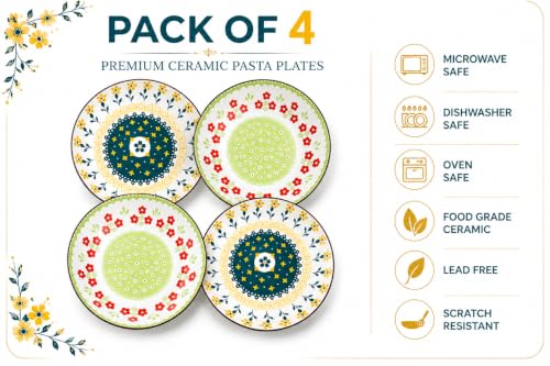 Image of Ceramic Pasta Plate, 20.4 cm Porcelain Dinner Plates, Microwave & Dishwasher Safe, Food Grade Ceramic, Deep Serving Plate for Pasta, Salad, Soup, Curry & Noodles (Multicolor Floral, PACK OF 4)