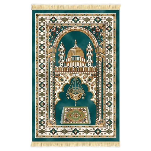 Nicoman Muslim Prayer Rug with Elegant Design | Janamaz | Sajadah | Soft Islamic Carpet Mat Thick Velvet Fabric (Green)